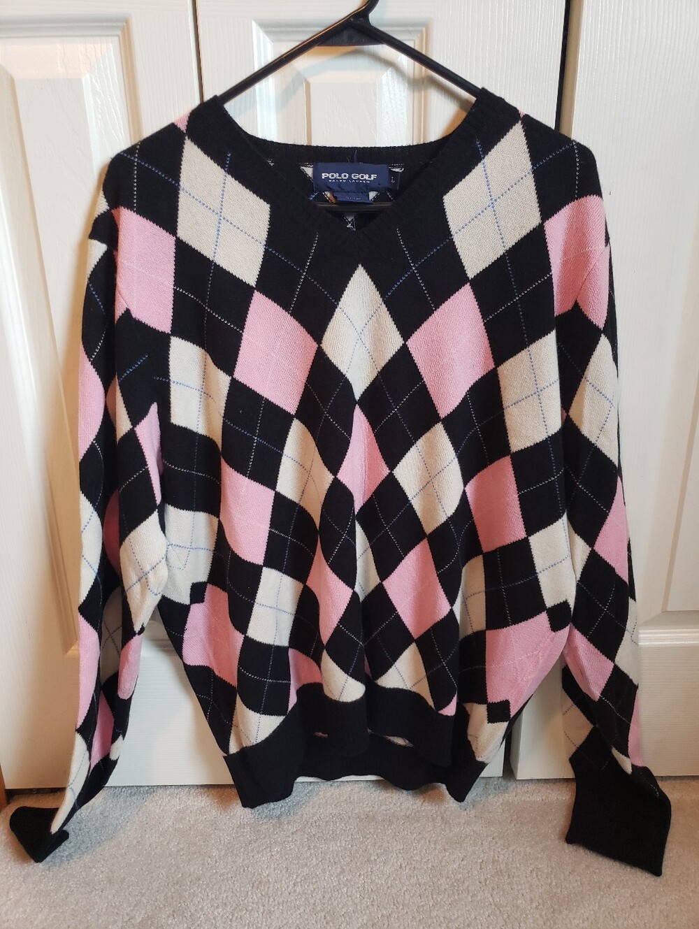 Ralph Lauren Polo Golf Argyle V-Neck Sweater - Black, Pink & Cream